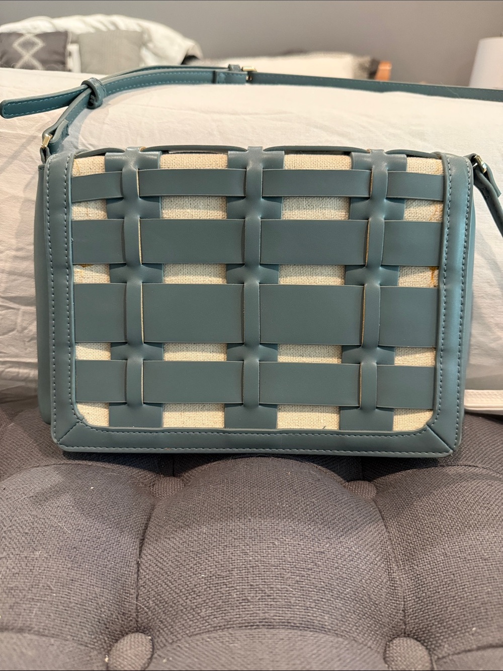 a new day Woven Leather-Trim Crossbody in Blue-Gray and Cream
